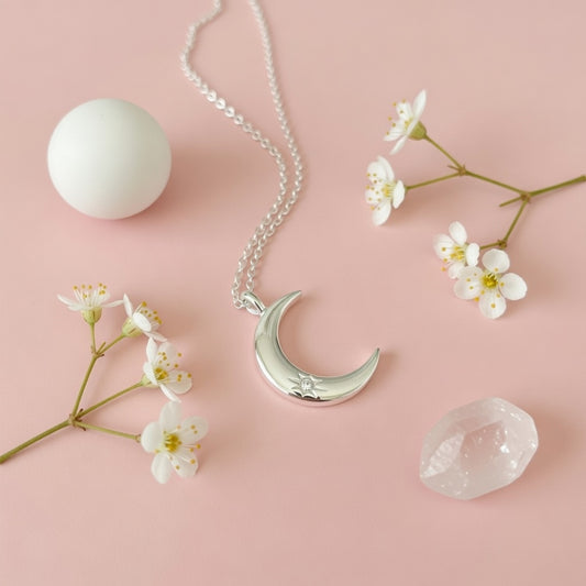 Solara Maison Selene Moon Necklace in 925 Sterling Silver on a woman's neck
